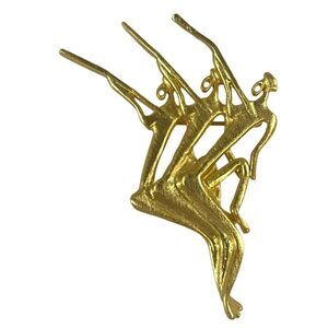 Vintage Modernist Dancers Skaters Icons Brooch Gold Tone Pin 2.5” MCM Retro
